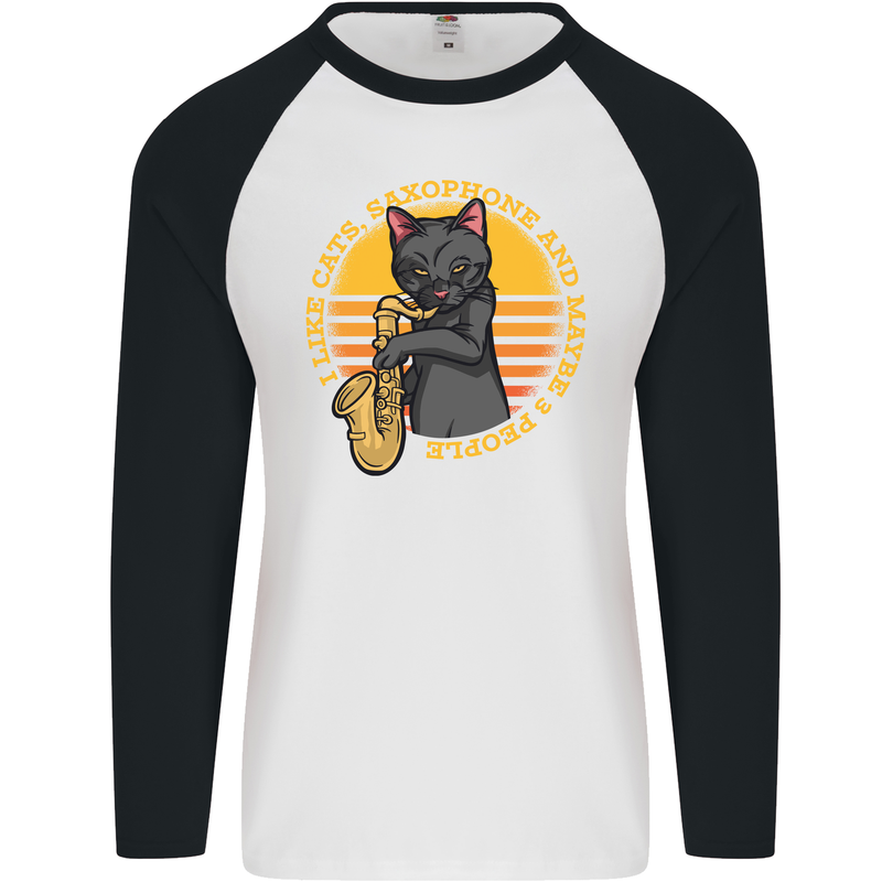 I Like Cats, Saxophones & Maybe 3 People Mens L/S Baseball T-Shirt White/Black