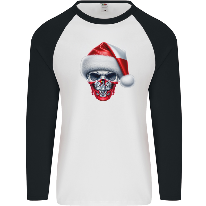 Poland Christmas Skull Xmas Polish Biker Flag Mens L/S Baseball T-Shirt White/Black