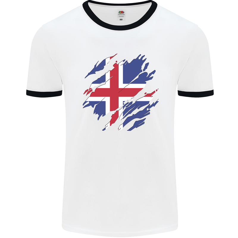 Torn Iceland Flag Icelander Day Football Mens Ringer T-Shirt White/Black