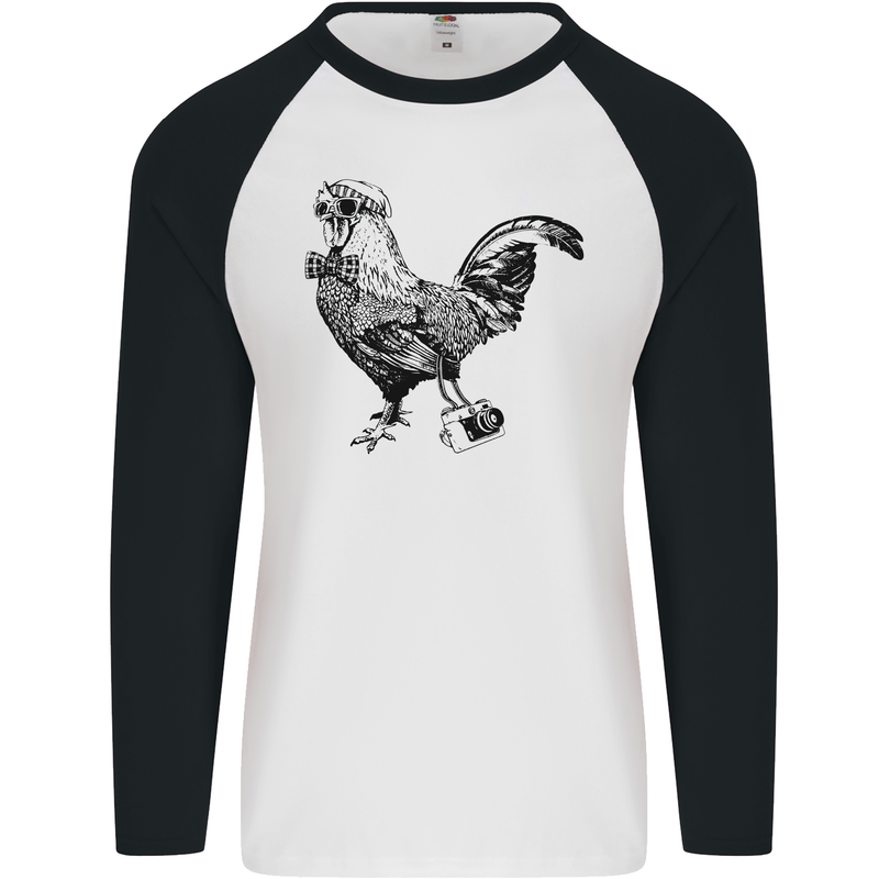 Rooster Camera Photography Photographer Mens L/S Baseball T-Shirt White/Black