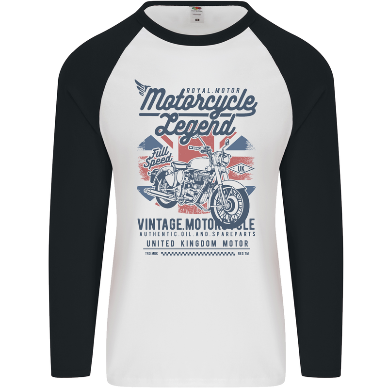 Motorcycle Legend Biker Motorcycle Chopper Mens L/S Baseball T-Shirt White/Black