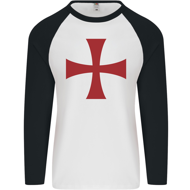 Knights Templar Cross Fancy Dress Outfit Mens L/S Baseball T-Shirt White/Black