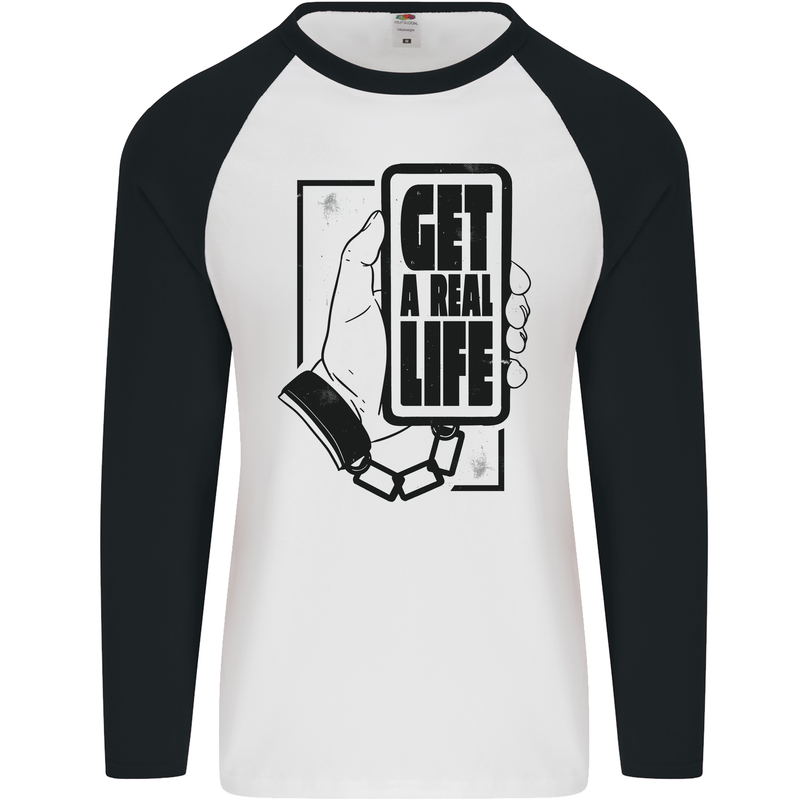 Get a Real Life Phone Addict Antisocial Mens L/S Baseball T-Shirt White/Black