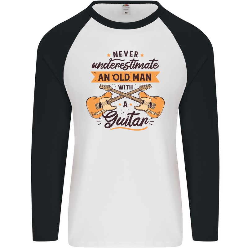 Never Underestimate an Old Man Guitar Mens L/S Baseball T-Shirt White/Black