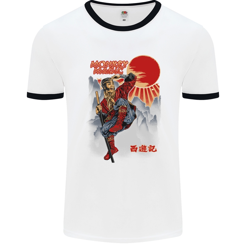 Monkey Magic Retro 70s Martial Arts TV Mens Ringer T-Shirt White/Black