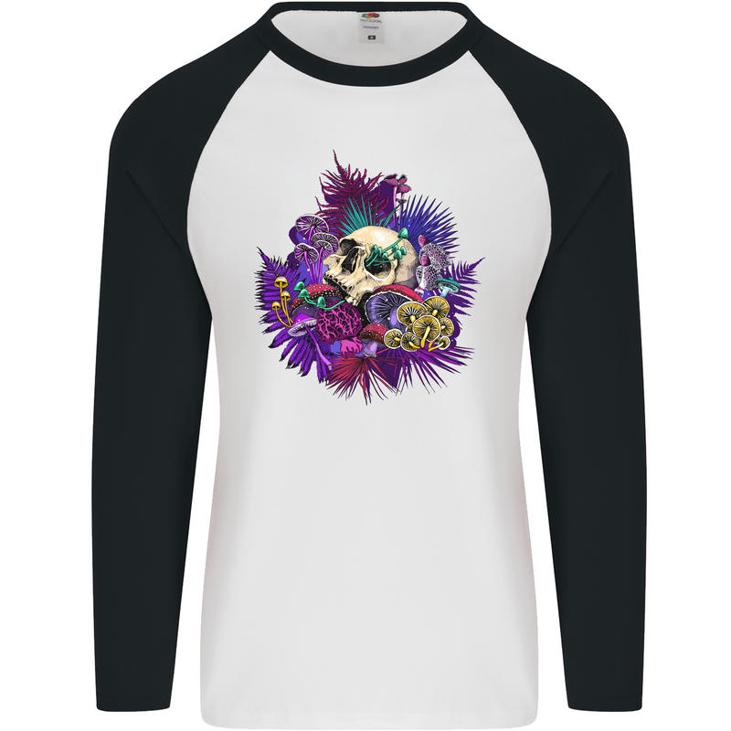 Magic Mushroom Skull LSD Hallucinogenic Mens L/S Baseball T-Shirt White/Black