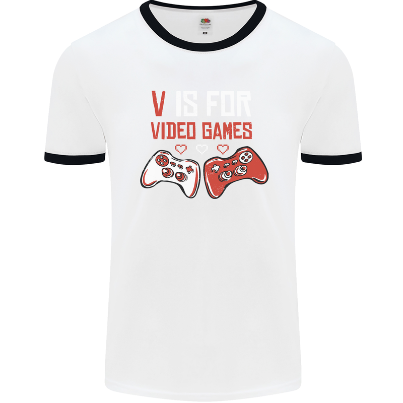 V is For Video Games Funny Gaming Gamer Mens Ringer T-Shirt White/Black