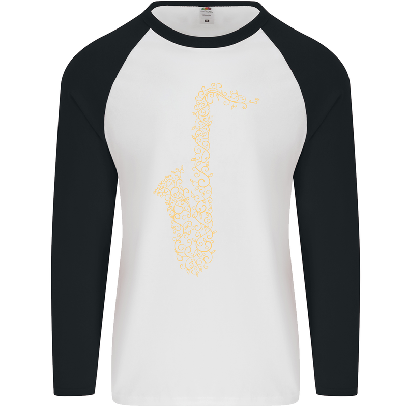 A Saxophone Musical Instruments Brass Band Mens L/S Baseball T-Shirt White/Black