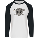 Engine Skull Mechanic Car Biker Motorbike Mens L/S Baseball T-Shirt White/Black