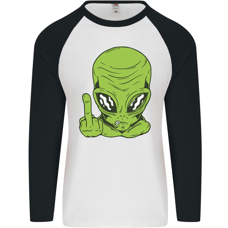 Angry Alien Finger Flip Funny Offensive Mens L/S Baseball T-Shirt White/Black