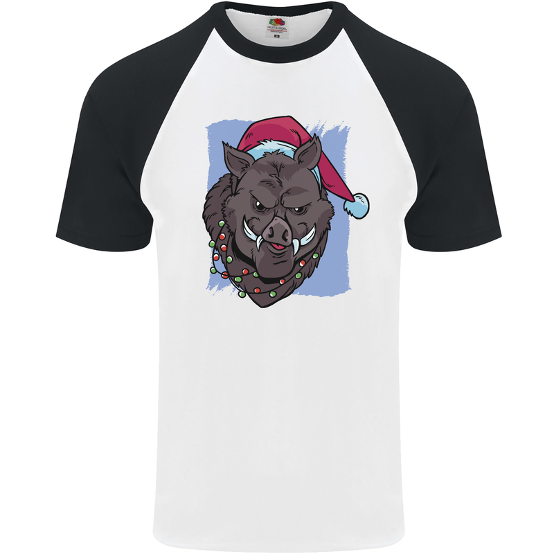 A Christmas Boar Wearing an Xmas Hat Pig Mens S/S Baseball T-Shirt White/Black