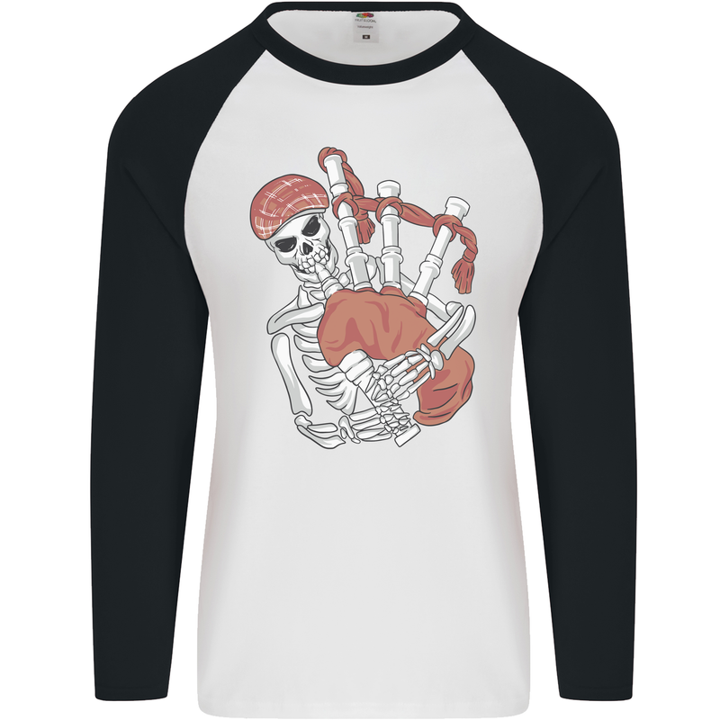 A Skeleton Playing the Bagpipes Mens L/S Baseball T-Shirt White/Black