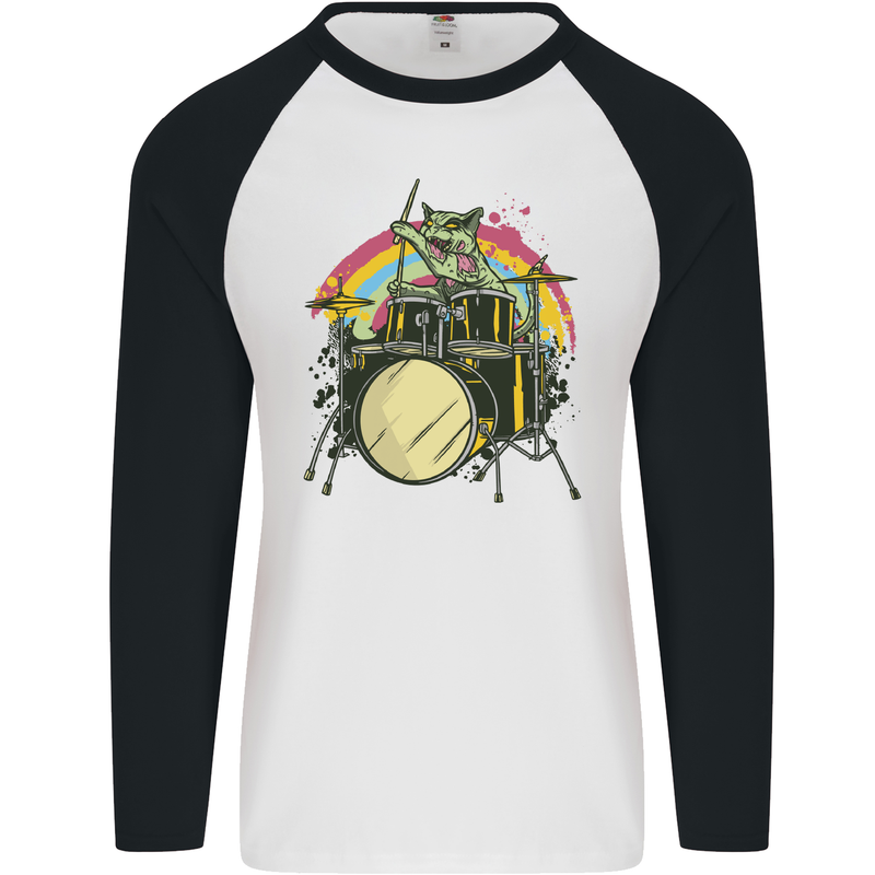 Zombie Cat Drummer Mens L/S Baseball T-Shirt White/Black