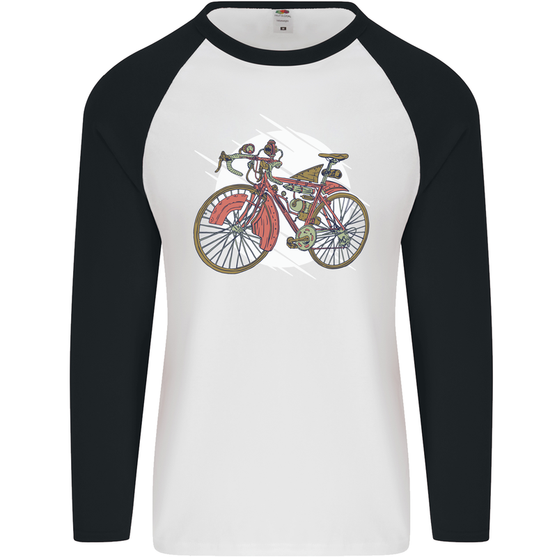 Cycling Steampunk Bicycle Bike Cyclist Mens L/S Baseball T-Shirt White/Black