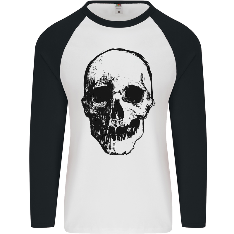 Human Skull Mens L/S Baseball T-Shirt White/Black