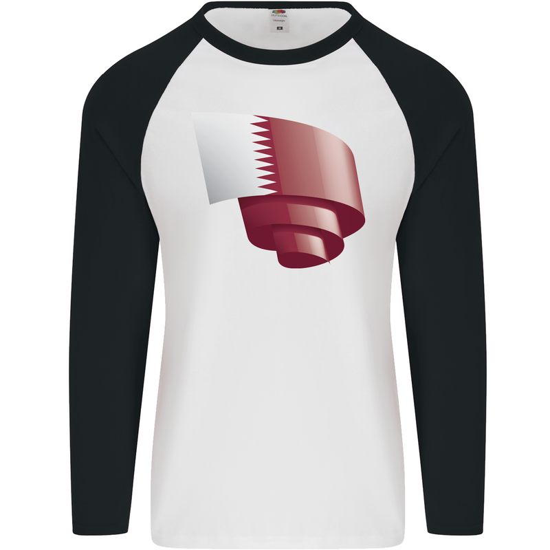 Curled Qatar Flag Qatari Day Football Mens L/S Baseball T-Shirt White/Black