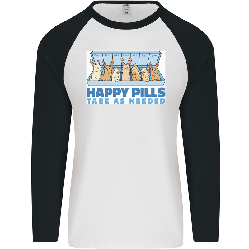 Bunny Rabbit Happy Pills Antidepressant Mens L/S Baseball T-Shirt White/Black
