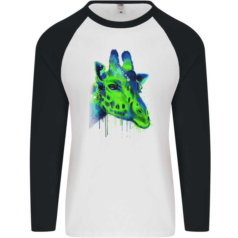 Giraffe Watercolour Mens L/S Baseball T-Shirt White/Black