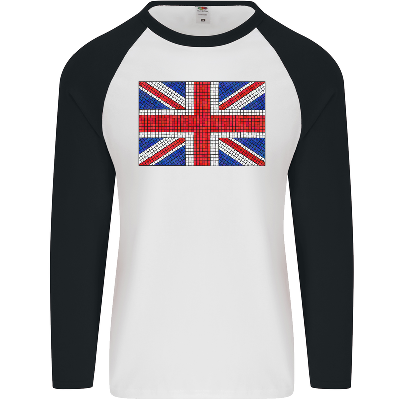 Mosaic Union Jack Flag Great Britain UK Mens L/S Baseball T-Shirt White/Black