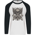 Heavy Metal Skull Rock Music Guitar Biker Mens L/S Baseball T-Shirt White/Black