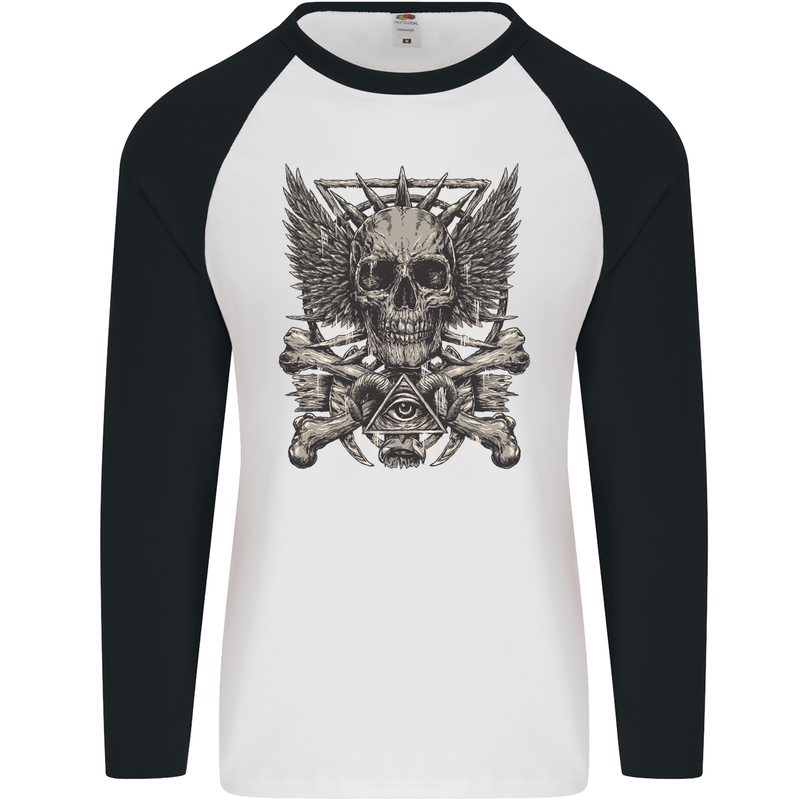 Heavy Metal Skull Rock Music Guitar Biker Mens L/S Baseball T-Shirt White/Black