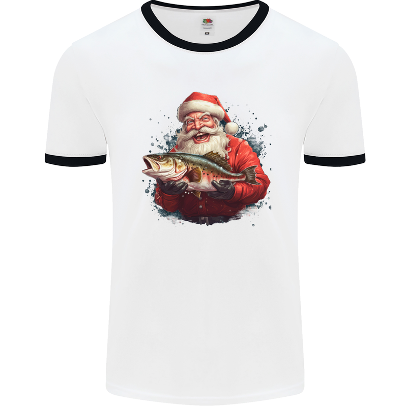 Fishing Santa Claus Fisherman Christmas Mens Ringer T-Shirt White/Black