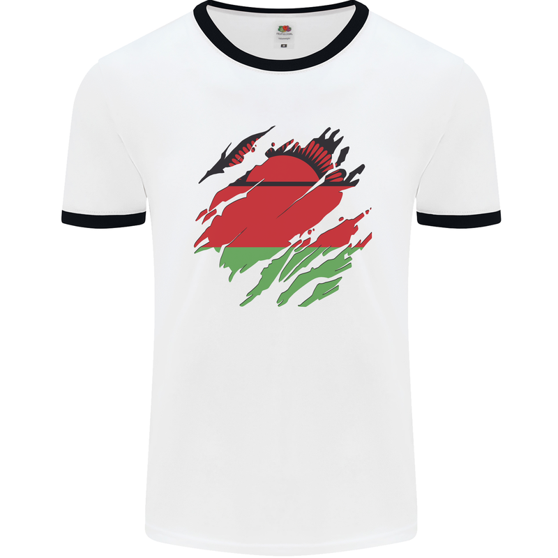 Torn Malawi Flag Malawian Day Football Mens Ringer T-Shirt White/Black