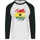 Torn Ghana Flag Ghanaian Day Football Mens L/S Baseball T-Shirt White/Black
