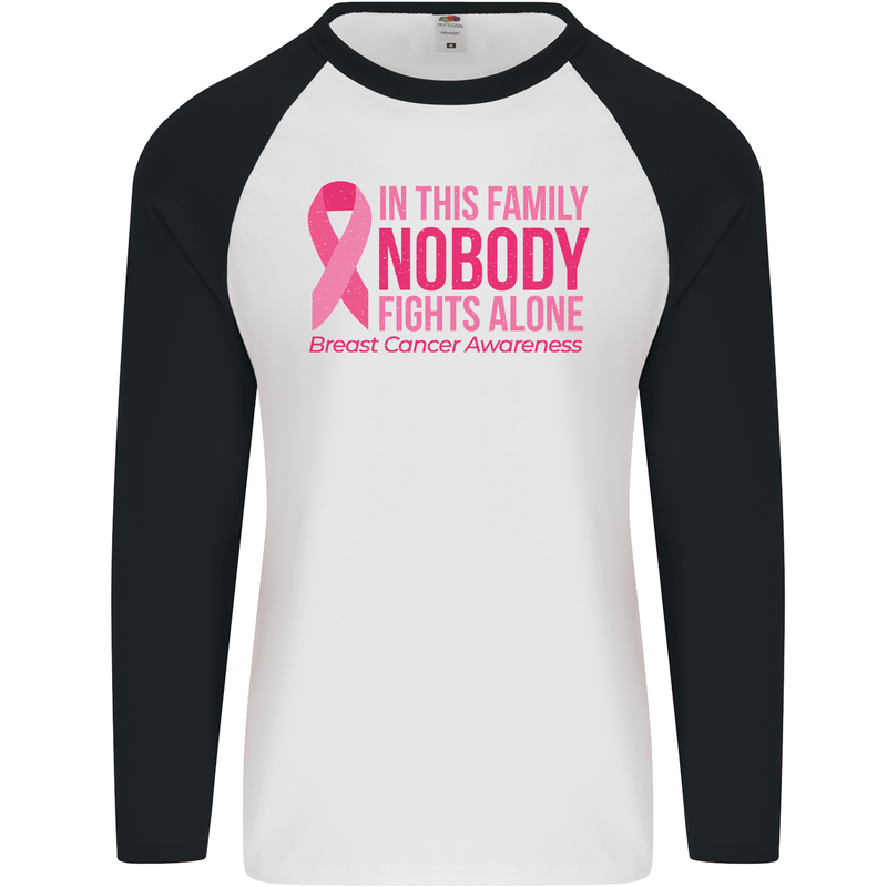 Breast Cancer Awareness Nobody Fights Alone Mens L/S Baseball T-Shirt White/Black