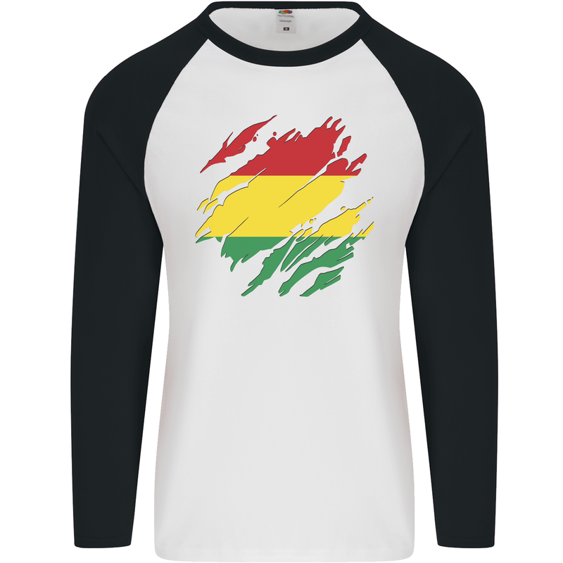 Torn Bolivia Flag Bolivian Day Football Mens L/S Baseball T-Shirt White/Black