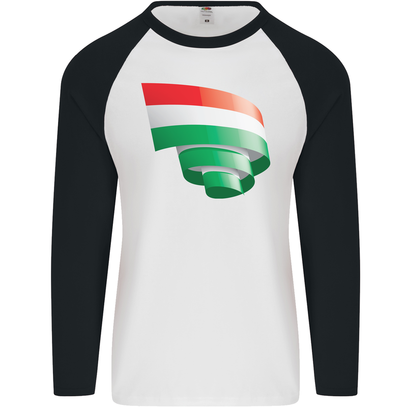 Curled Hungary Flag Hungarian Day Football Mens L/S Baseball T-Shirt White/Black
