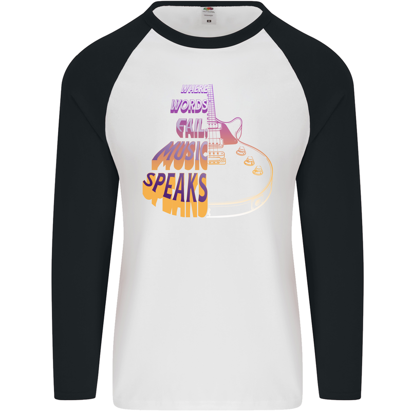 Where Words Fail Music Speaks Guitar Rock Mens L/S Baseball T-Shirt White/Black