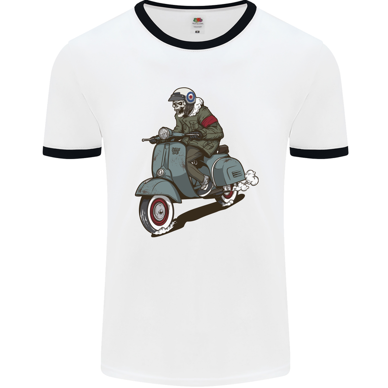 Scooter Skull Biker Motorcycle MOD Mens Ringer T-Shirt White/Black