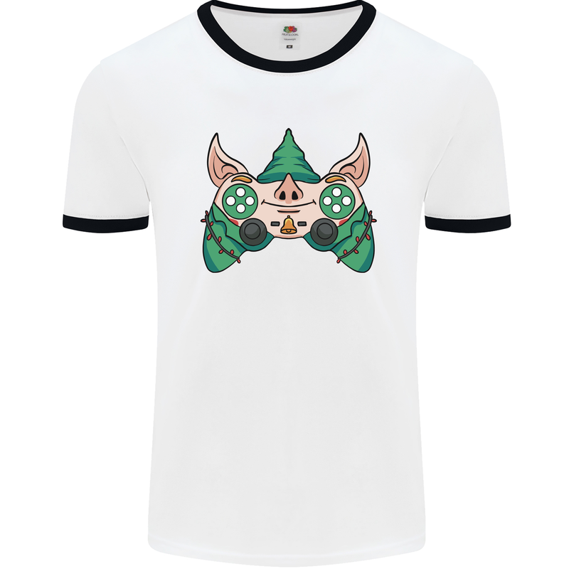 Christmas Elf Video Game Controller Joypad Xmas Mens Ringer T-Shirt White/Black