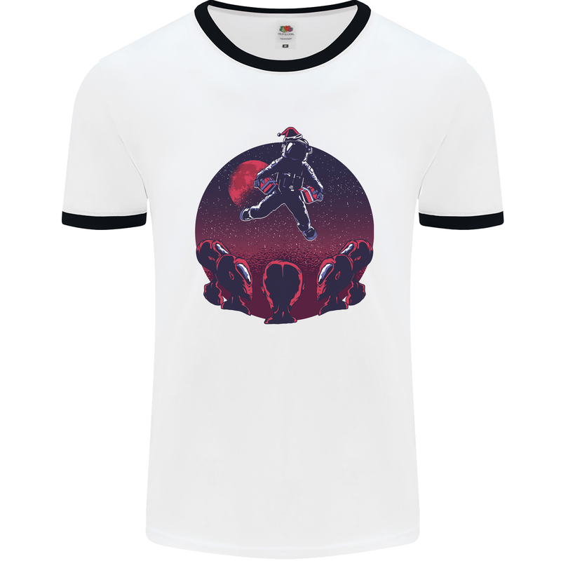 Astronaut Santa & Aliens Christmas Planets Xmas Mens Ringer T-Shirt White/Black