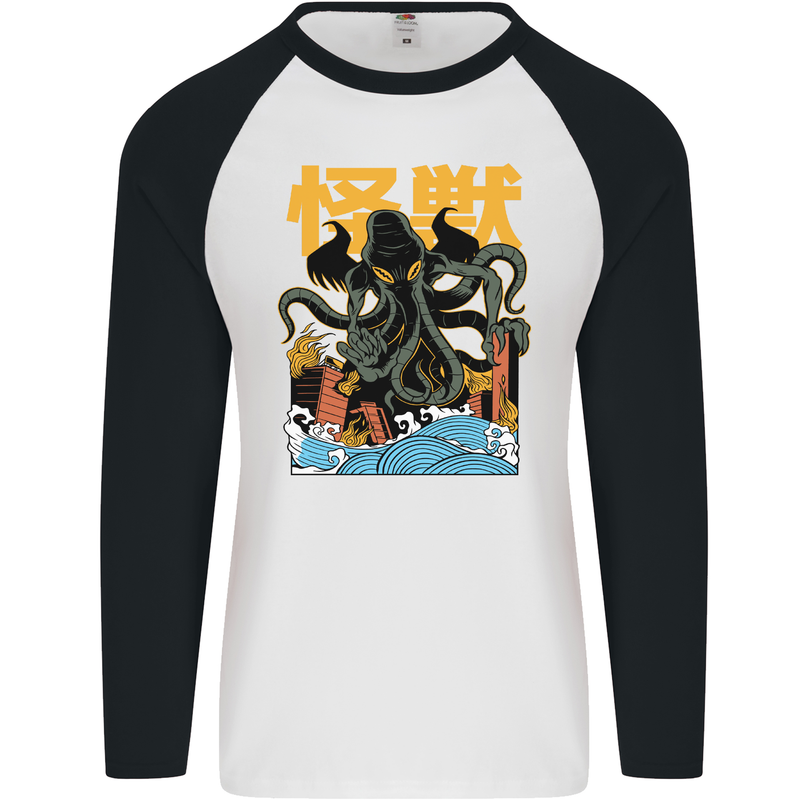 Cthulhu Japanese Anime Kraken Mens L/S Baseball T-Shirt White/Black