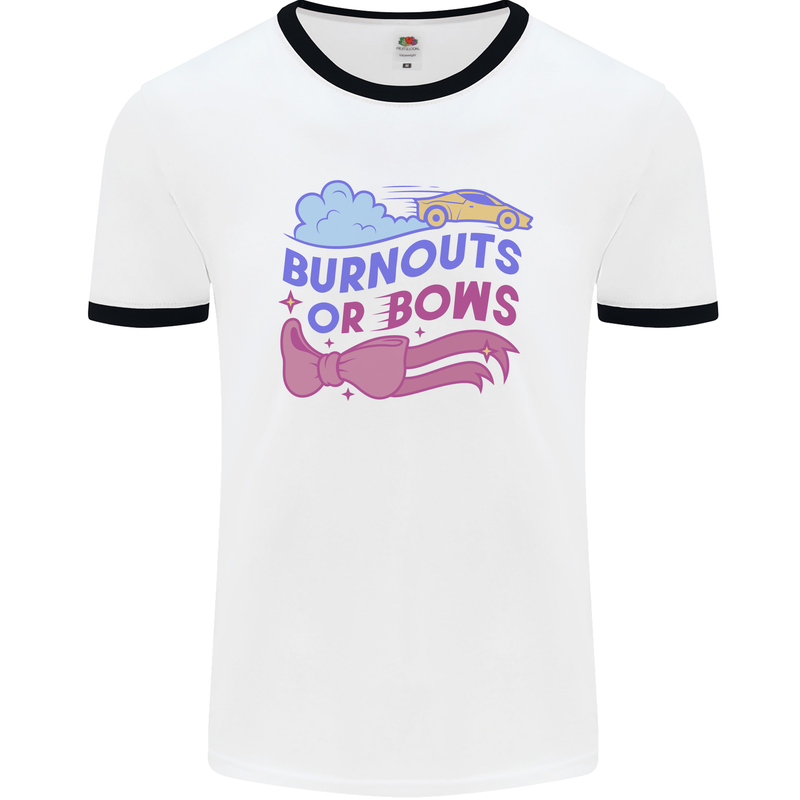 Burnouts or Bows Gender Reveal New Baby Pregnant Mens Ringer T-Shirt White/Black