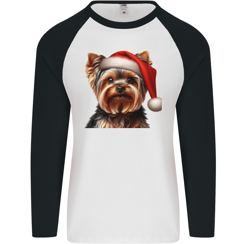 Christmas Yorkshire Terrier Dog Xmas Yorkie Mens L/S Baseball T-Shirt White/Black