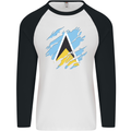 Torn Saint Lucia Flag Lucian Day Football Mens L/S Baseball T-Shirt White/Black