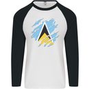 Torn Saint Lucia Flag Lucian Day Football Mens L/S Baseball T-Shirt White/Black
