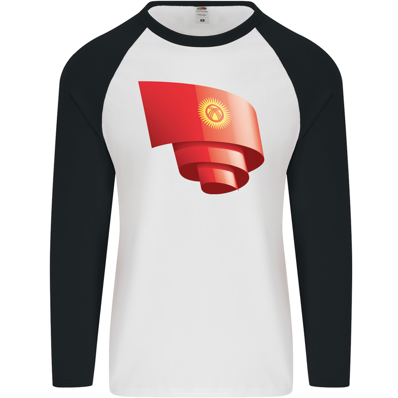 Curled Kyrgyzstan Flag Kyrgyz Day Football Mens L/S Baseball T-Shirt White/Black
