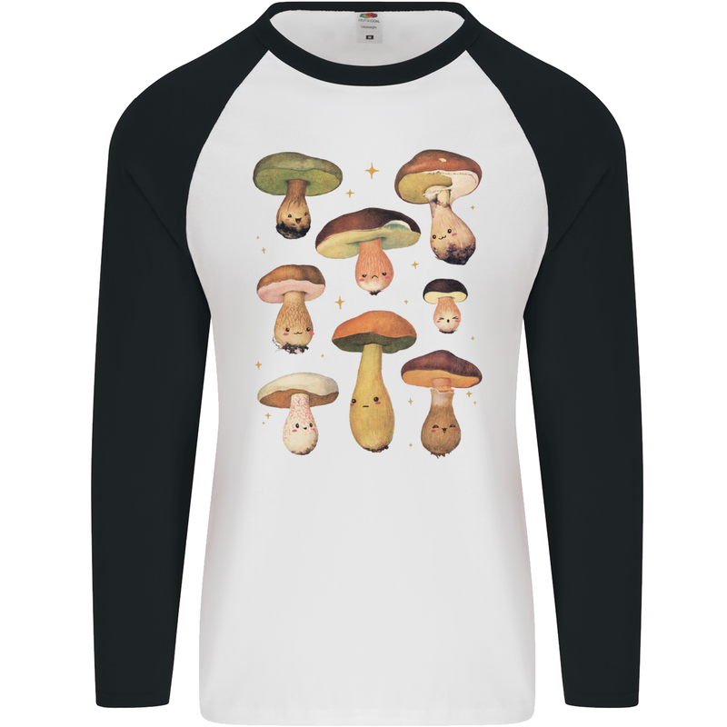 Mushroom Faces Foraging Mycology Mens L/S Baseball T-Shirt White/Black