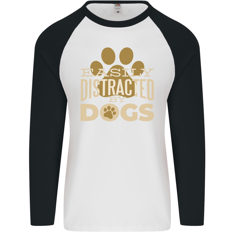 Easily Distracted By Dogs Funny ADHD Mens L/S Baseball T-Shirt White/Black