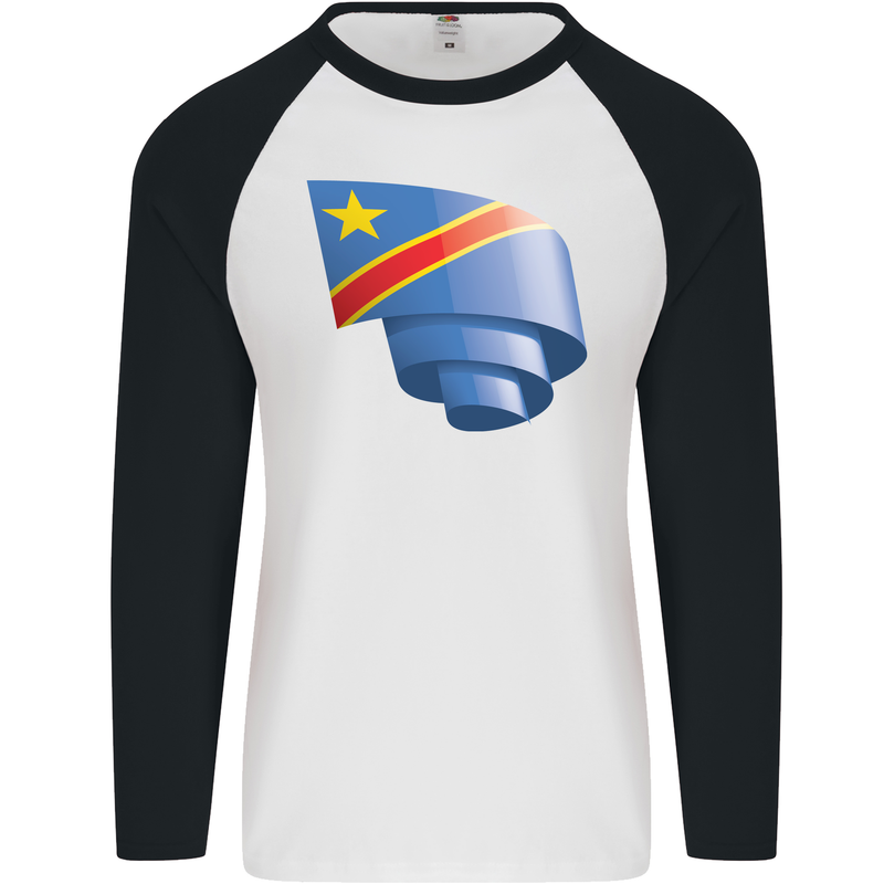 Curled DR Congo Flag Congolese Day Football Mens L/S Baseball T-Shirt White/Black