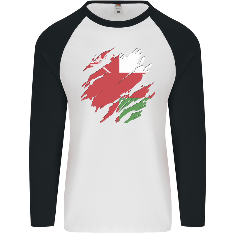 Torn Oman Flag Omani Day Football Mens L/S Baseball T-Shirt White/Black