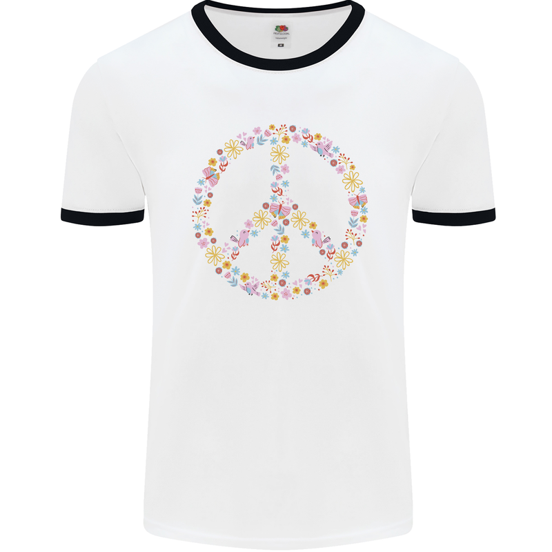 Floral Peace Symbol Hippie Love Mens Ringer T-Shirt White/Black