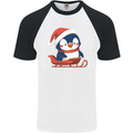 Cute Christmas Penguin & Sledge Funny Xmas Mens S/S Baseball T-Shirt White/Black