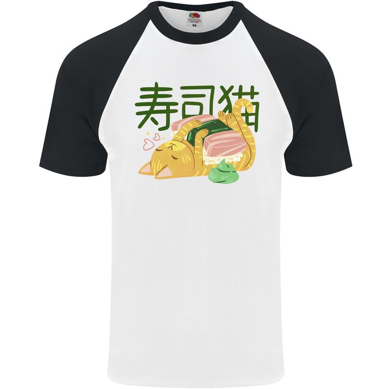 Sushi Cat Mens S/S Baseball T-Shirt White/Black