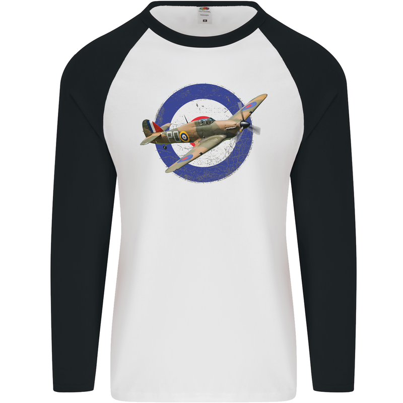 Hawker Hurricane With RAF Ensign Mens L/S Baseball T-Shirt White/Black