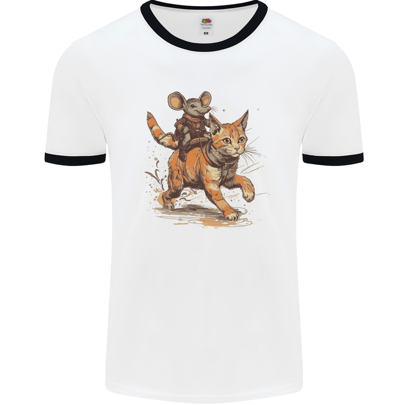 Cat and Mouse Winter Fun Mens Ringer T-Shirt White/Black